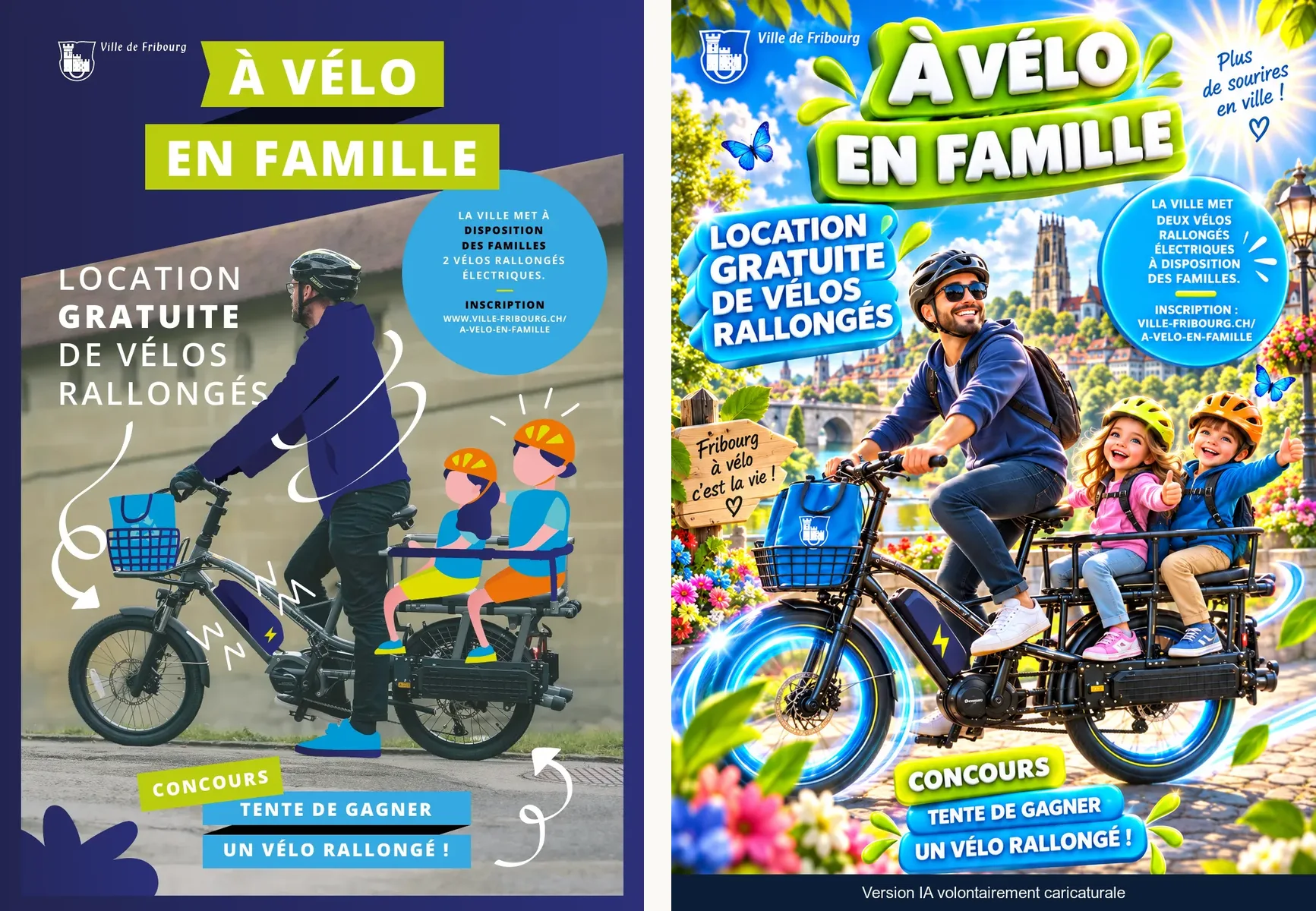 À gauche, affiche «&nbsp;À vélo en famille&nbsp;» de la Ville de Fribourg&nbsp;: un adulte et deux enfants sur un vélo rallongé, location gratuite, concours et adresse d’inscription. À droite, version IA volontairement caricaturale de l’affiche «&nbsp;À vélo en famille&nbsp;»&nbsp;: famille aux pouces levés, roues lumineuses, fleurs, papillons et slogans multiples.