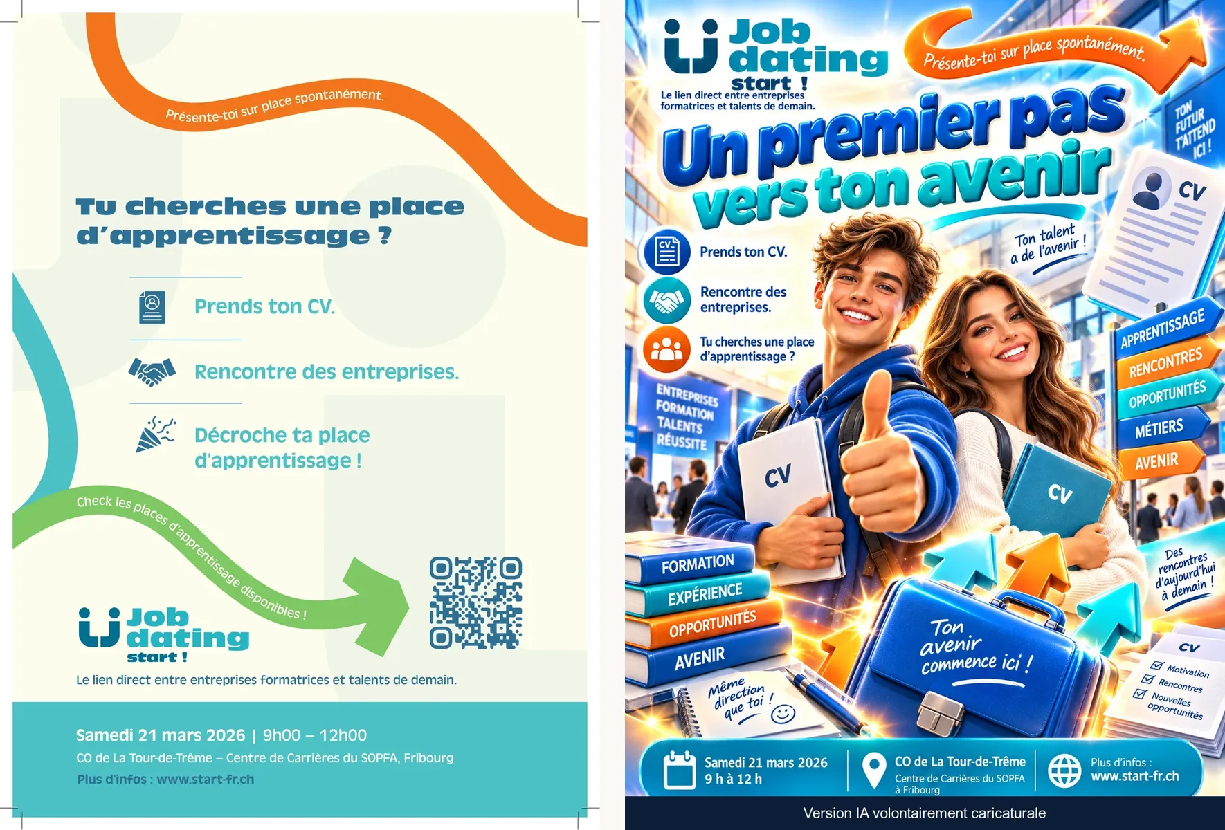 À gauche, affiche du Job dating Start&nbsp;!&nbsp;: question «&nbsp;Tu cherches une place d’apprentissage&nbsp;?&nbsp;», trois consignes illustrées de pictogrammes, flèche vers le QR code, date et lieu. À droite, version IA volontairement caricaturale de l’affiche du Job dating Start&nbsp;!&nbsp;: duo souriant au pouce géant, piles de livres, attaché-case, flèches et panneaux brillants.