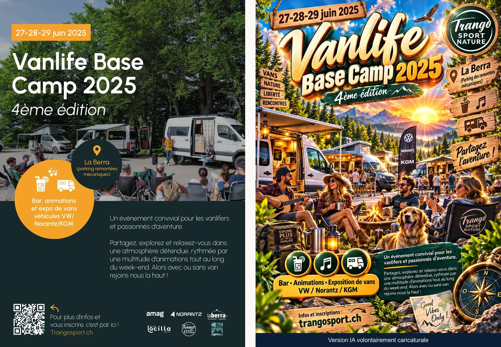 À gauche, affiche du Vanlife Base Camp 2025 de Trango Sport Nature&nbsp;: photographie de vans et de participants sur un parking, bloc orange d’informations, QR code, logos partenaires. À droite, version IA volontairement caricaturale de l’affiche Vanlife Base Camp 2025&nbsp;: montagnes au coucher du soleil, guitariste et chien, titre en relief, panneaux en bois.